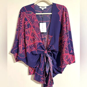 NWT ALEXIS birmin 100% silk wrap tie crossover top blouse geometric print xs/s
